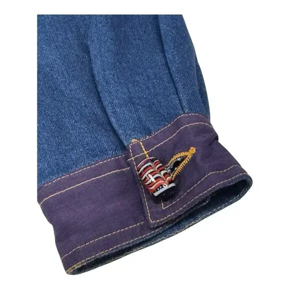 Indigo Moon Denim Chambray Medium Coat Pink Aztec Accent Purple Trim Embellish - Picture 9 of 13